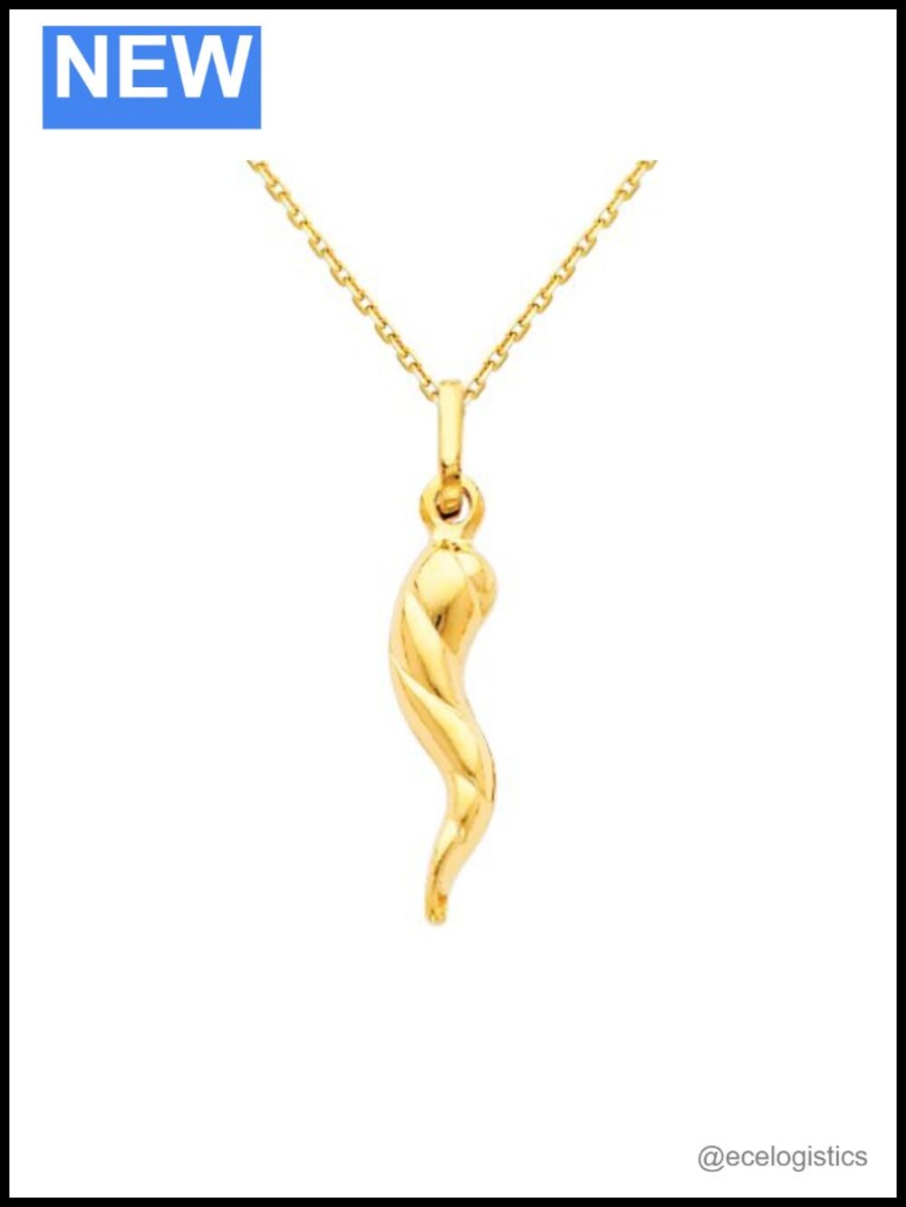 14k Yellow Gold Twisted Cornicello Italian Horn Pendant with Cable Chain